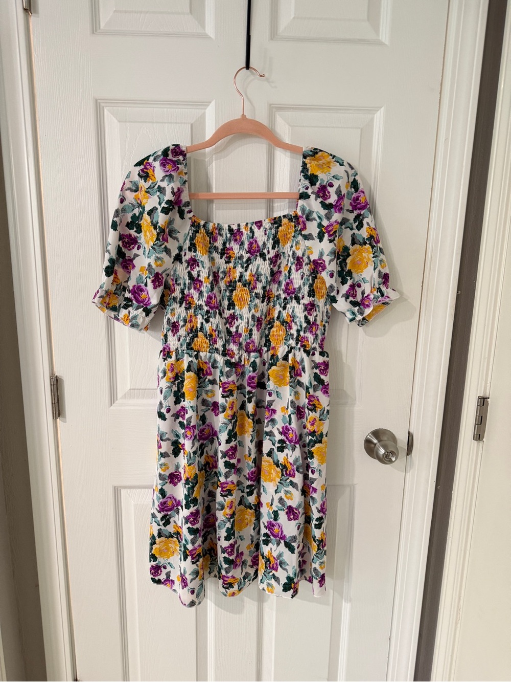 NWOT White Floral Dress with Yellow & Purple Blooms